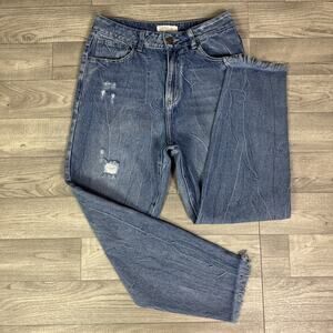 ESPRIT EDC High Rise Slim Leg Frayed Hem Distressed Jeans Medium Wash sz 8